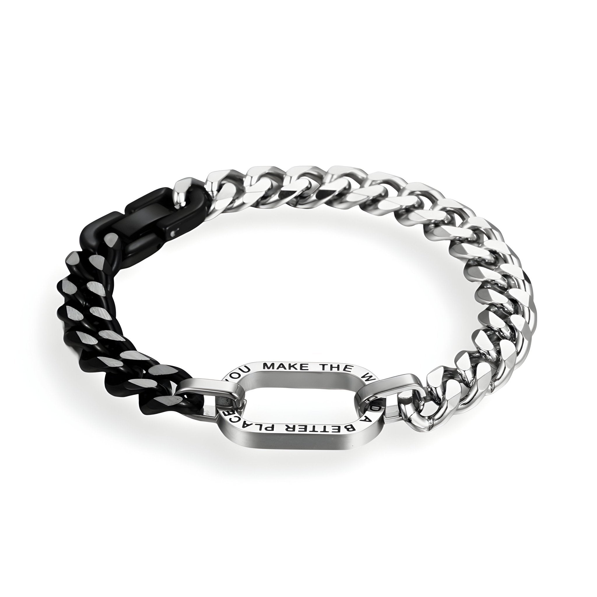Bracelet en titane bi-colore argent et noir avec maillons larges et plaque gravée message bienveillant.