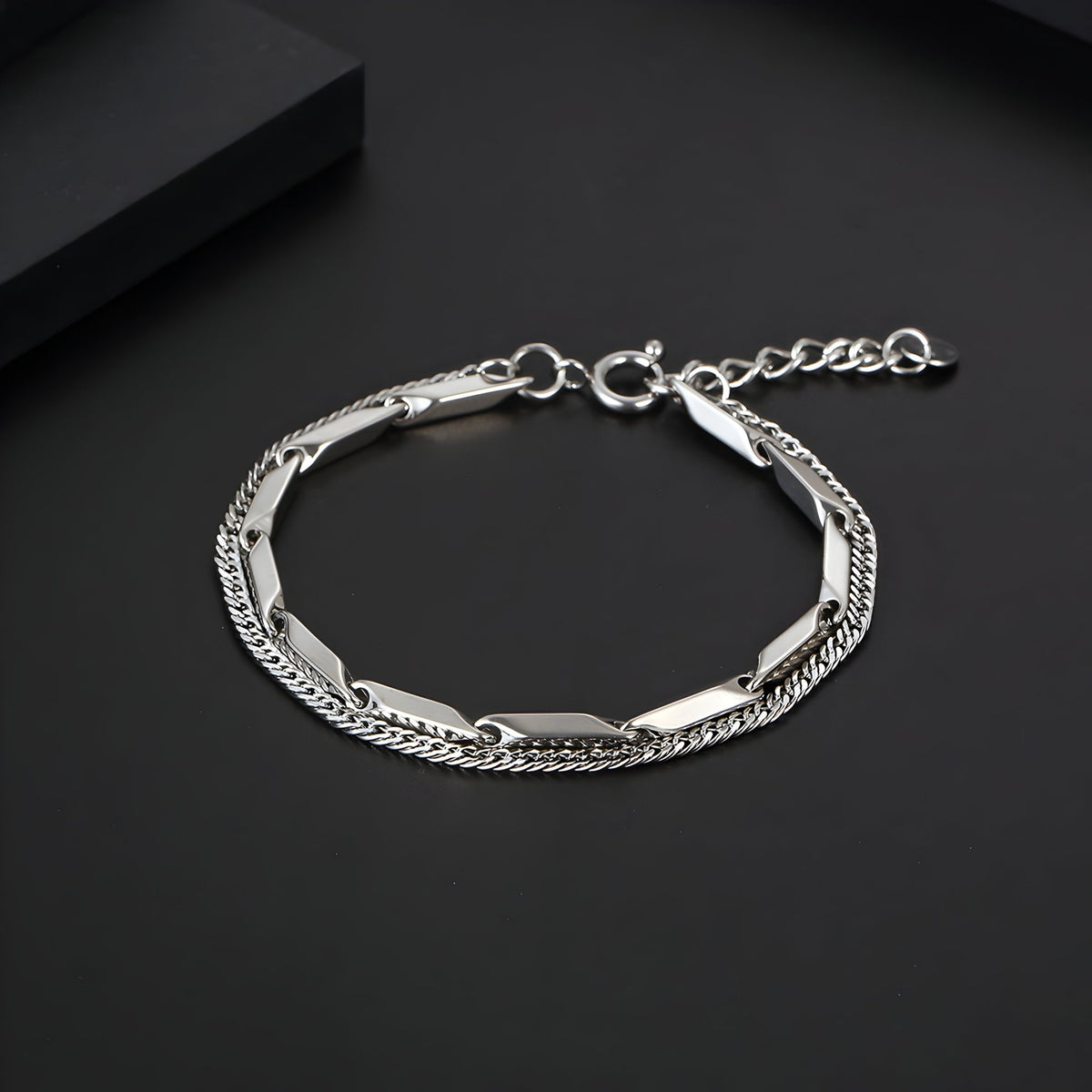 Bracelet homme en titane argenté à deux chaînes entrelacées avec fermoir mousqueton.