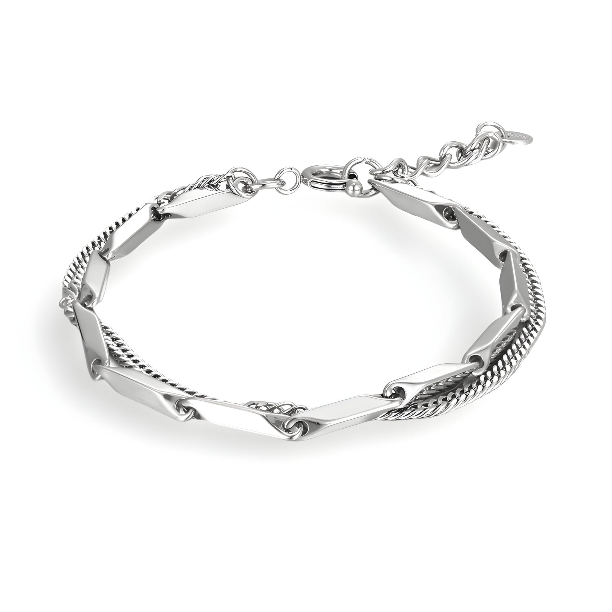 Bracelet homme en titane argenté, maillons tordus et chaîne fine, fermoir ajustable.