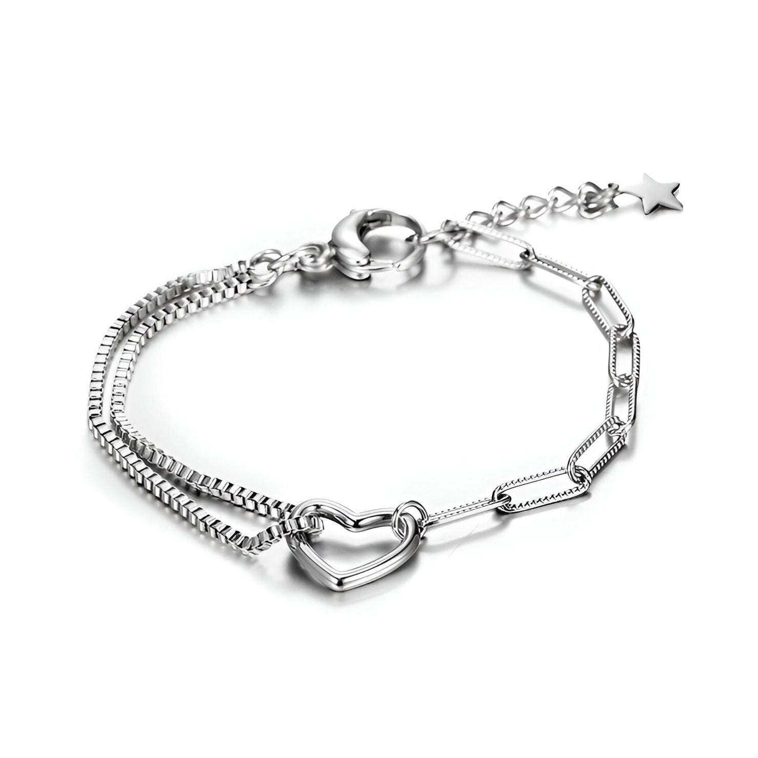 Bracelet mixte en titane argenté, double maille, charm cœur creux, fermoir étoile ajustable.