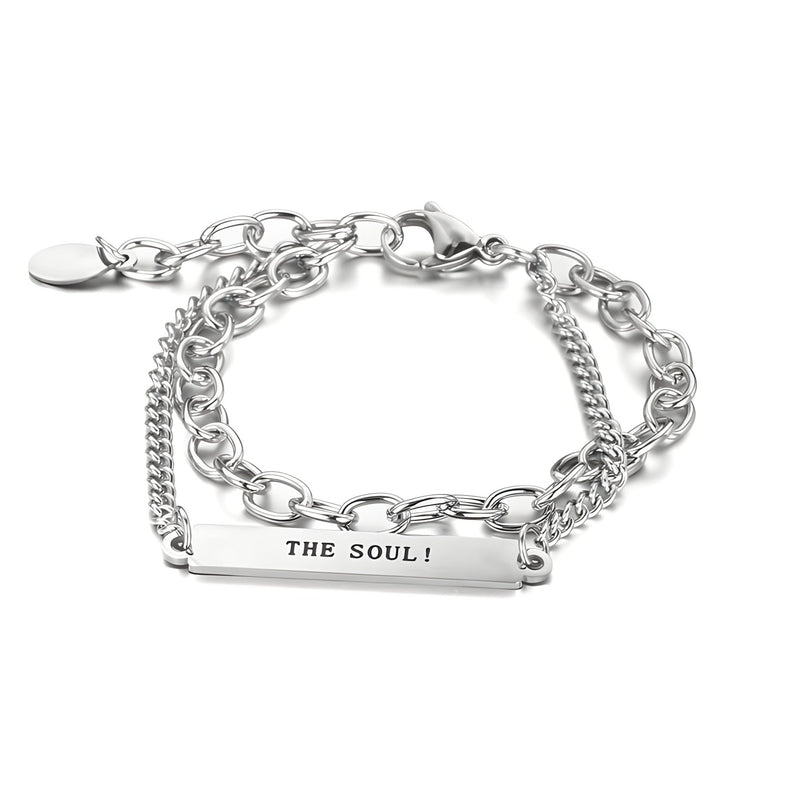 Bracelet homme en titane argenté double maille avec plaque gravée "THE SOUL !".