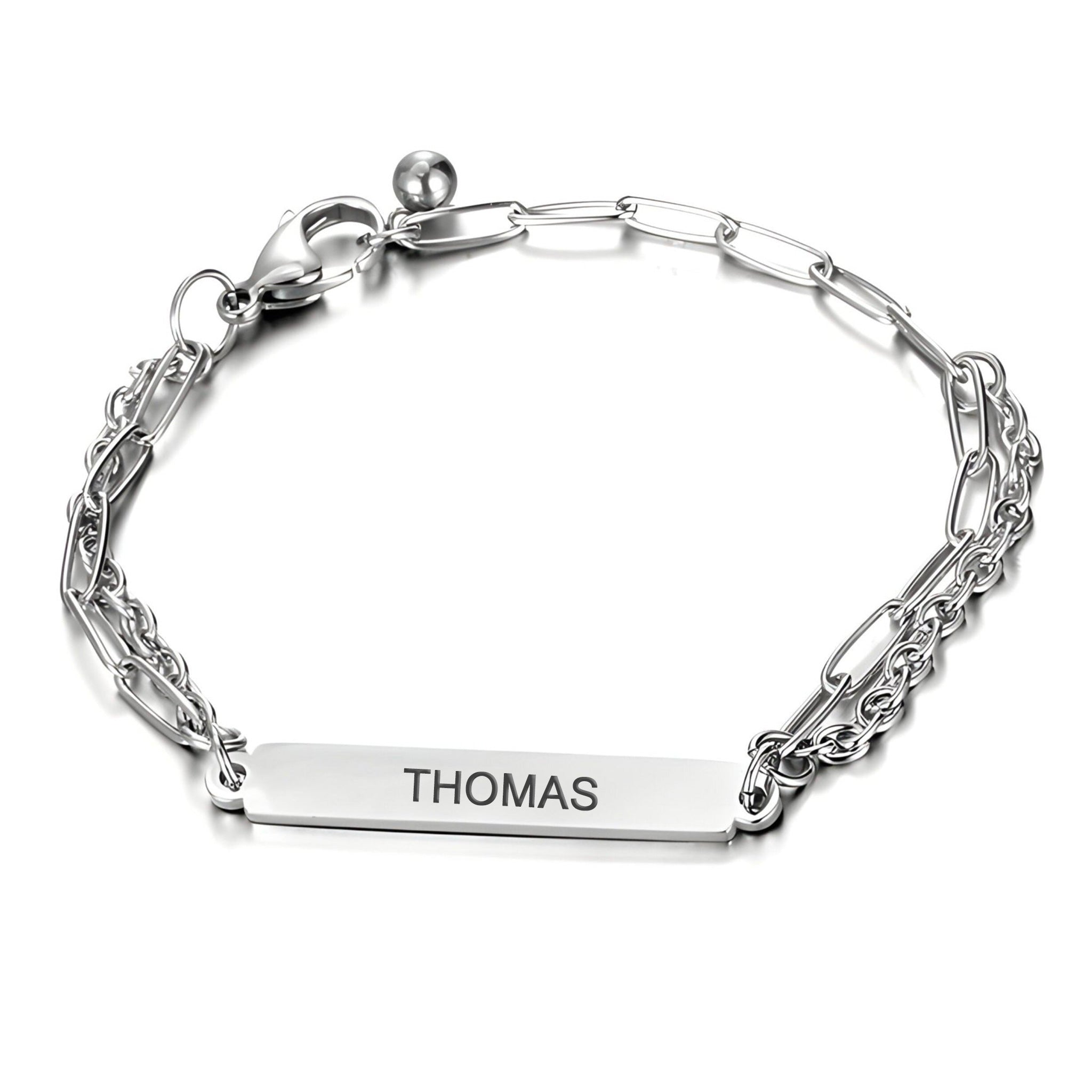 Bracelet gourmette en titane argenté, maille forçat double, plaque gravée Thomas, fermoir mousqueton.