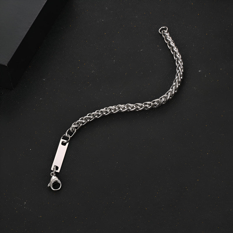 Bracelet gourmette en titane argenté, maille spiga fine, fermoir mousqueton robuste, modèle Swann.