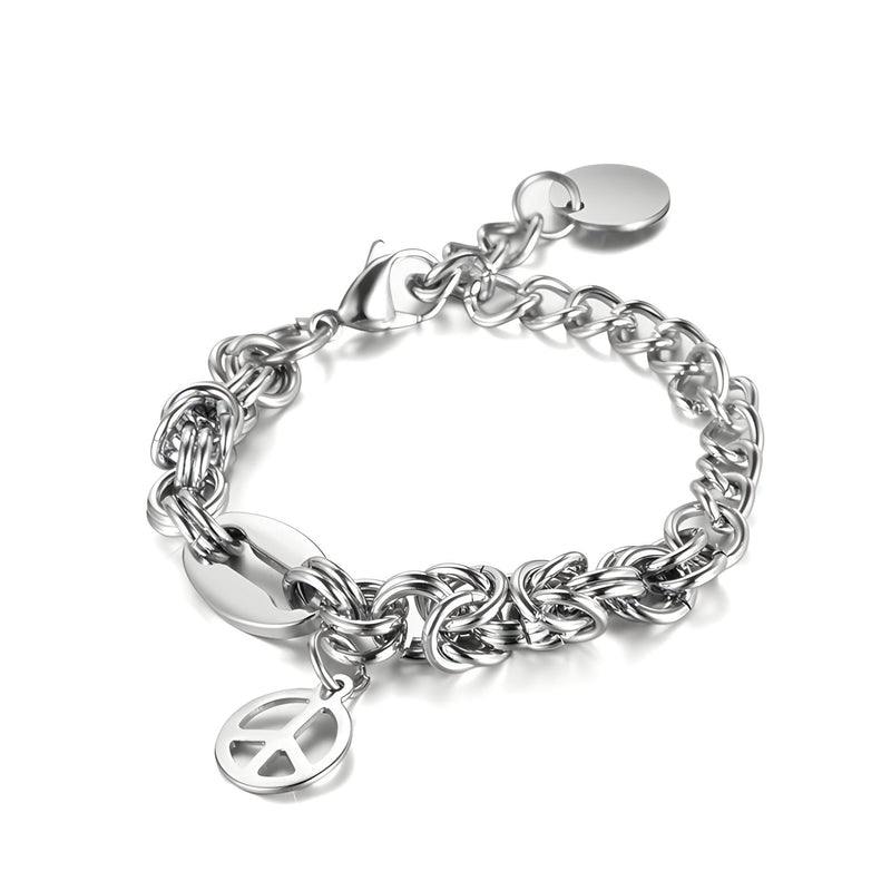 Bracelet homme titane maille byzantine argent avec pendentif peace and love et fermoir mousqueton.
