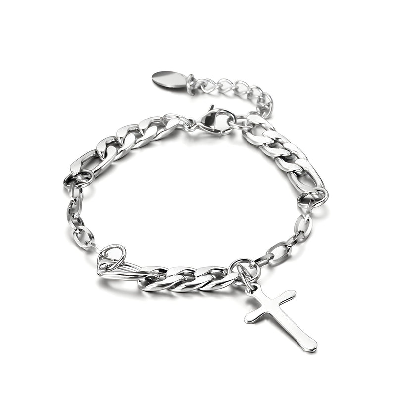 Bracelet homme en titane argenté maille figaro avec pendentif croix lisse.