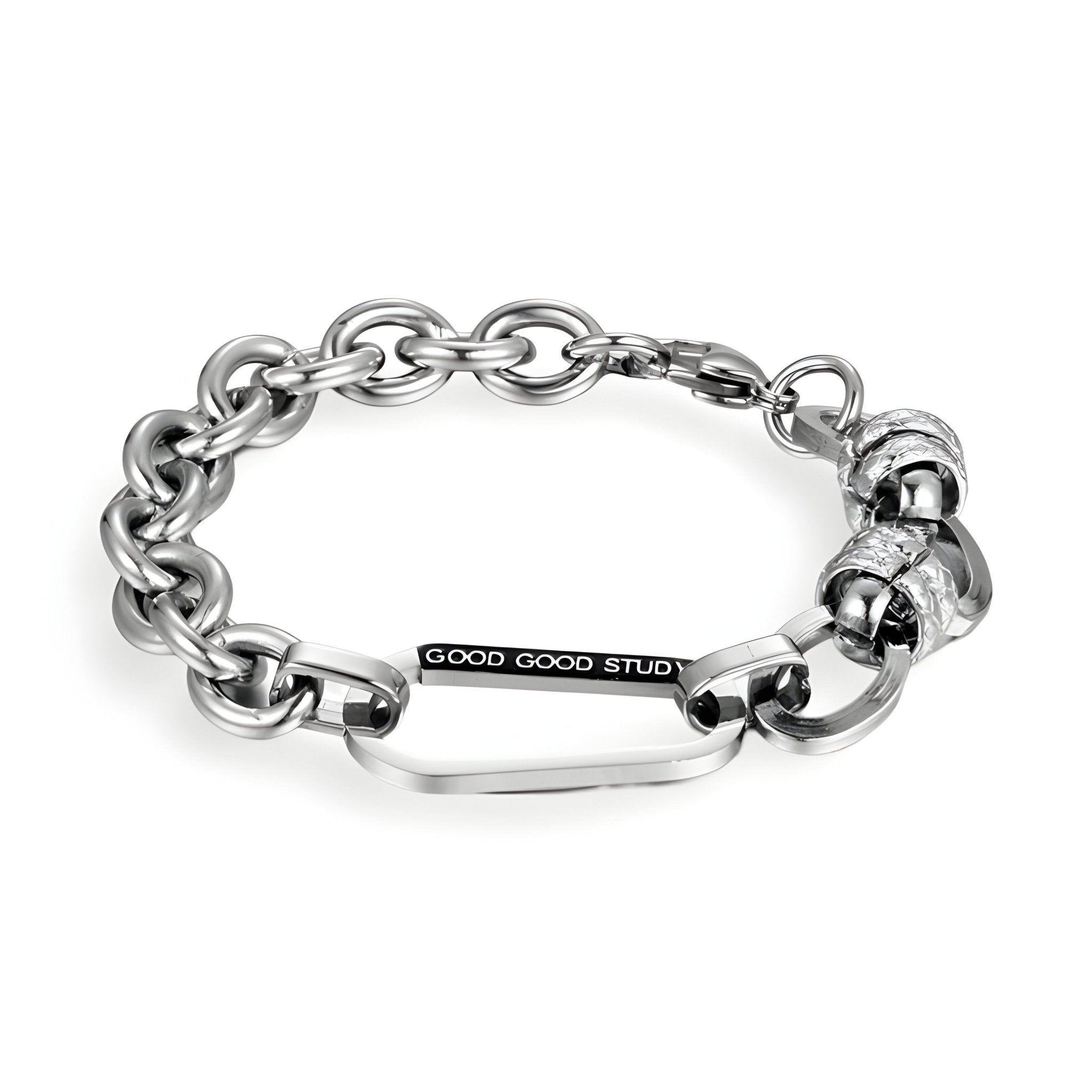 Bracelet homme en titane argenté avec maille forçat épaisse et plaque centrale gravée Good Good Studio.