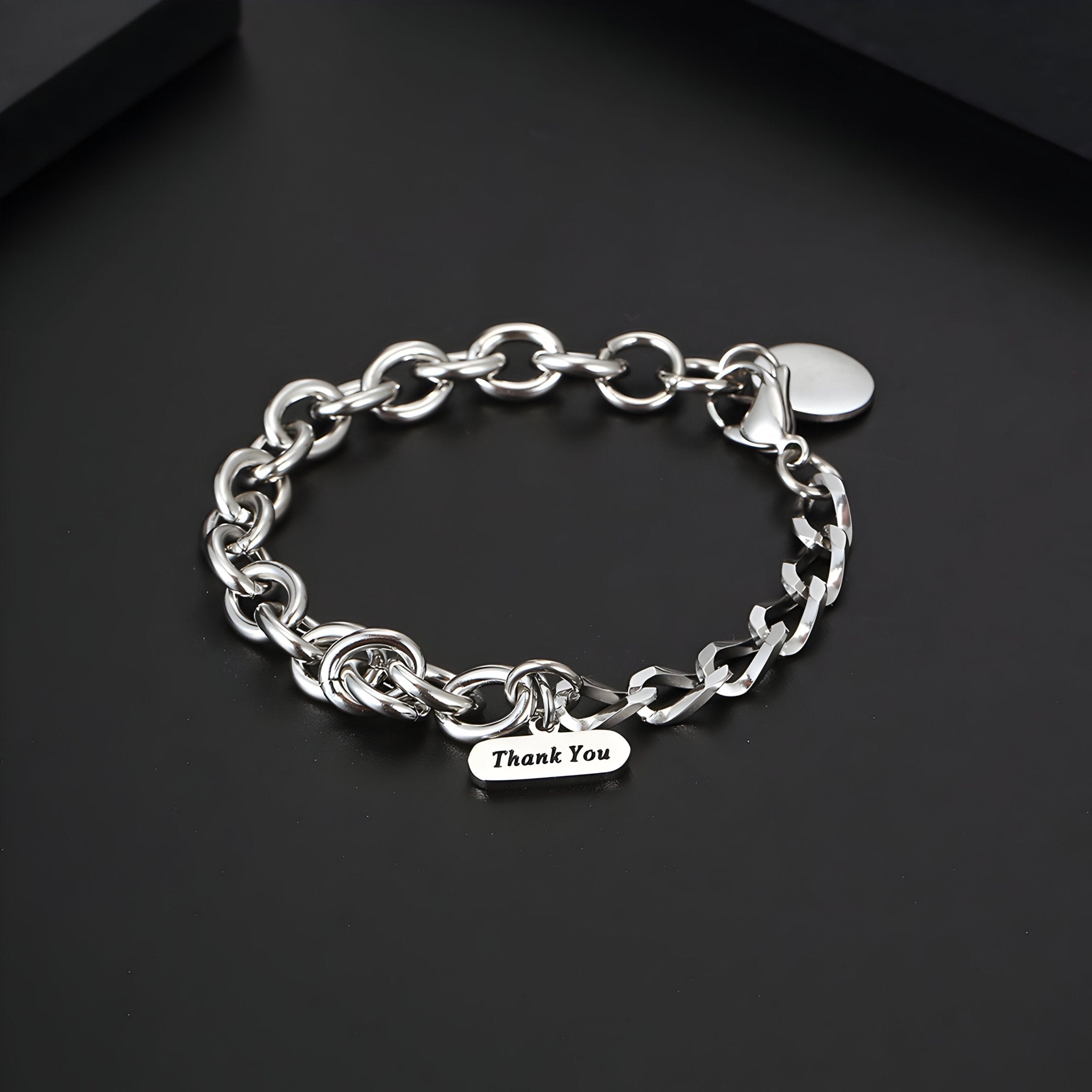 Bracelet homme en titane maille forçat argentée avec plaquette gravée "Thank You".