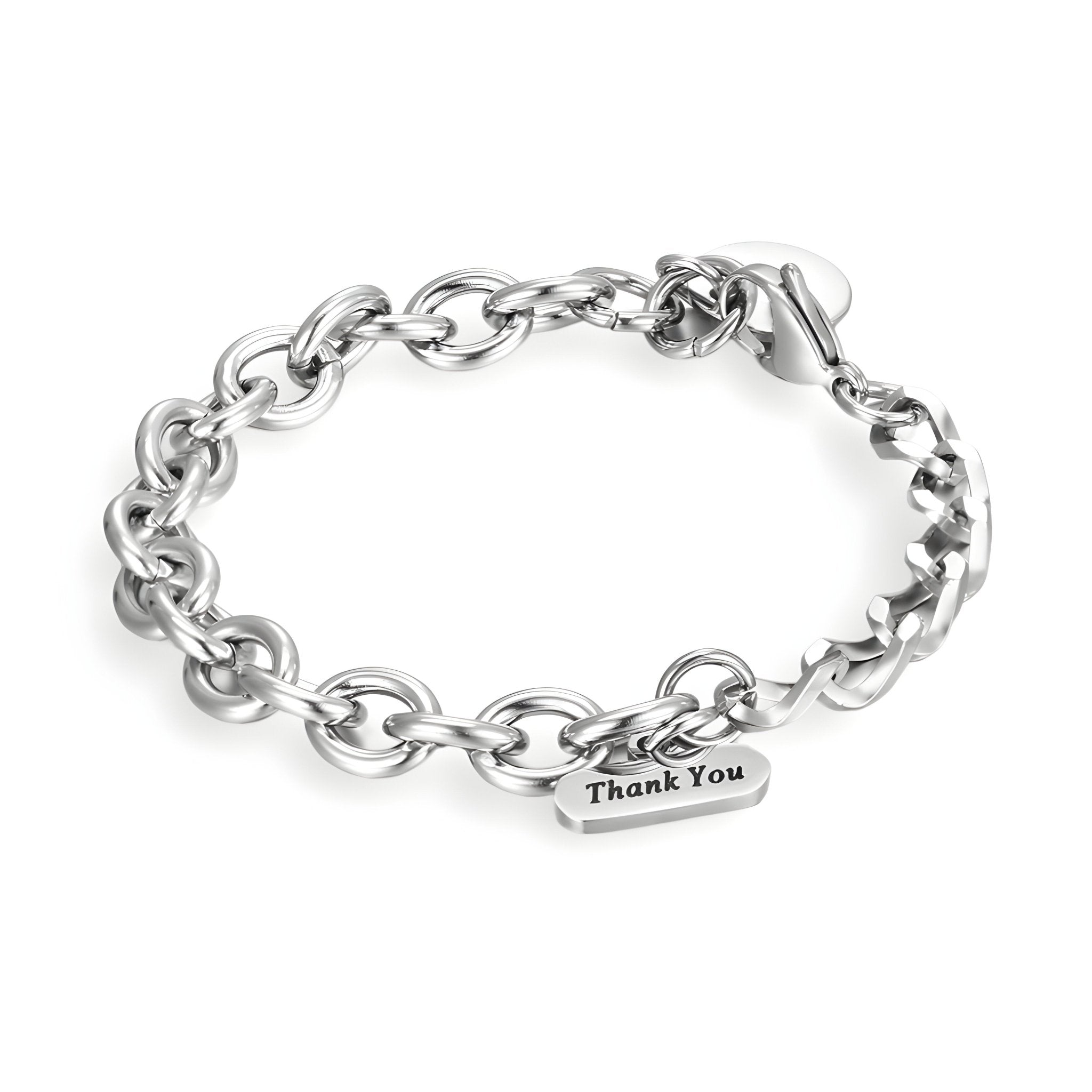 Bracelet en titane argenté maille forçat avec pendentif gravé "Thank You" et fermoir mousqueton.