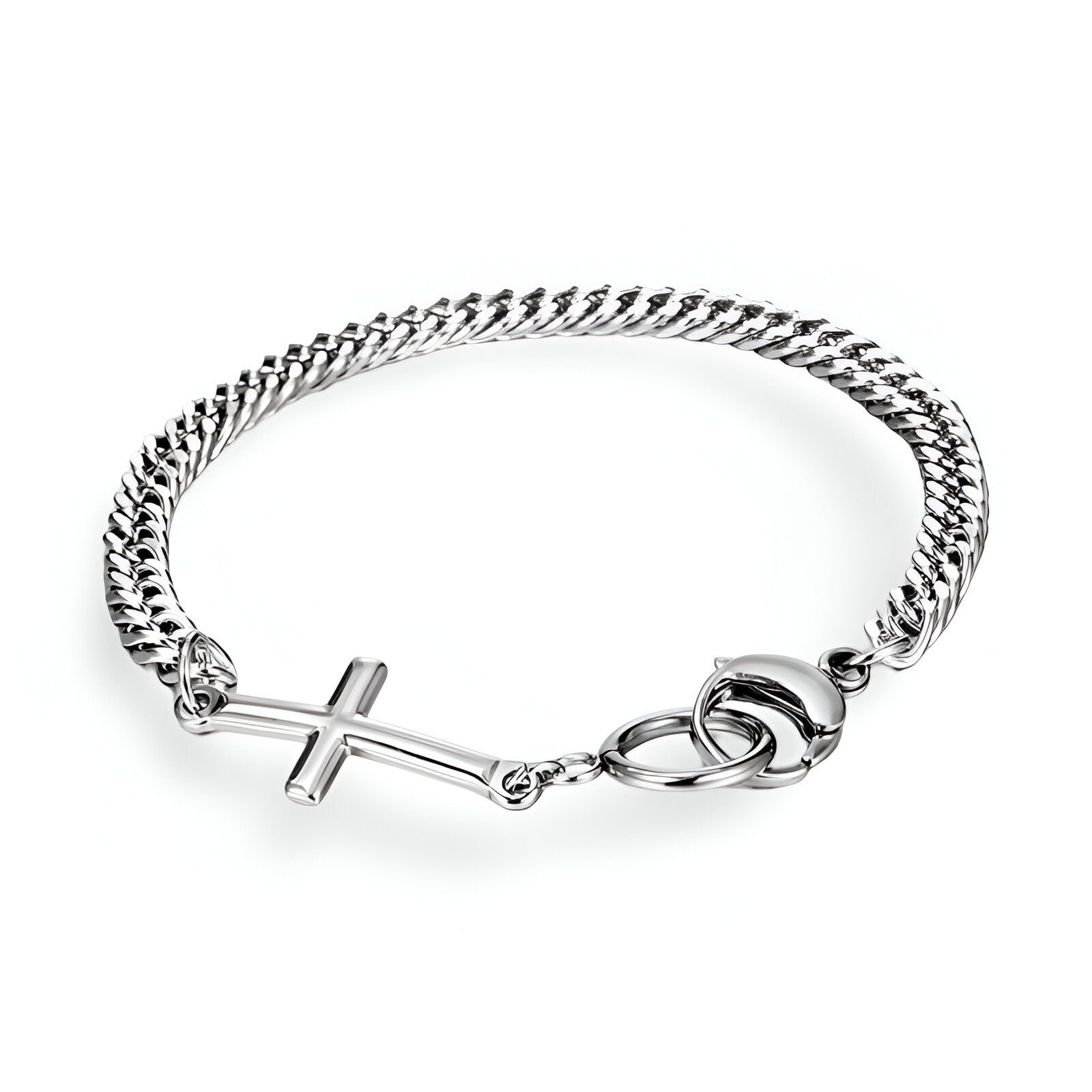 Bracelet en titane argenté maille serpent avec ornement croix et fermoir mousqueton.