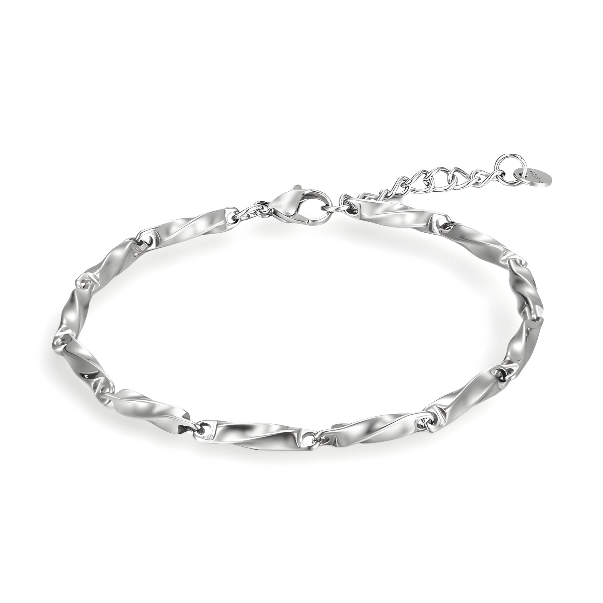 Bracelet homme en titane maille torsadée argentée avec fermoir mousqueton et chaîne de réglage.