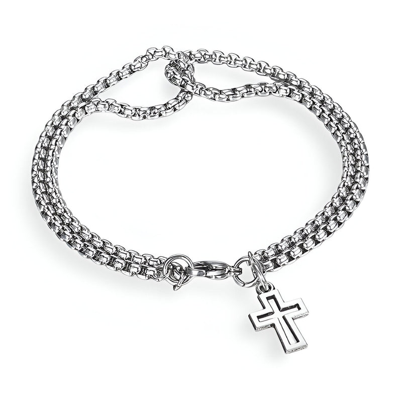Bracelet en titane argenté à maille vénitienne avec pendentif croix chrétienne pour homme.