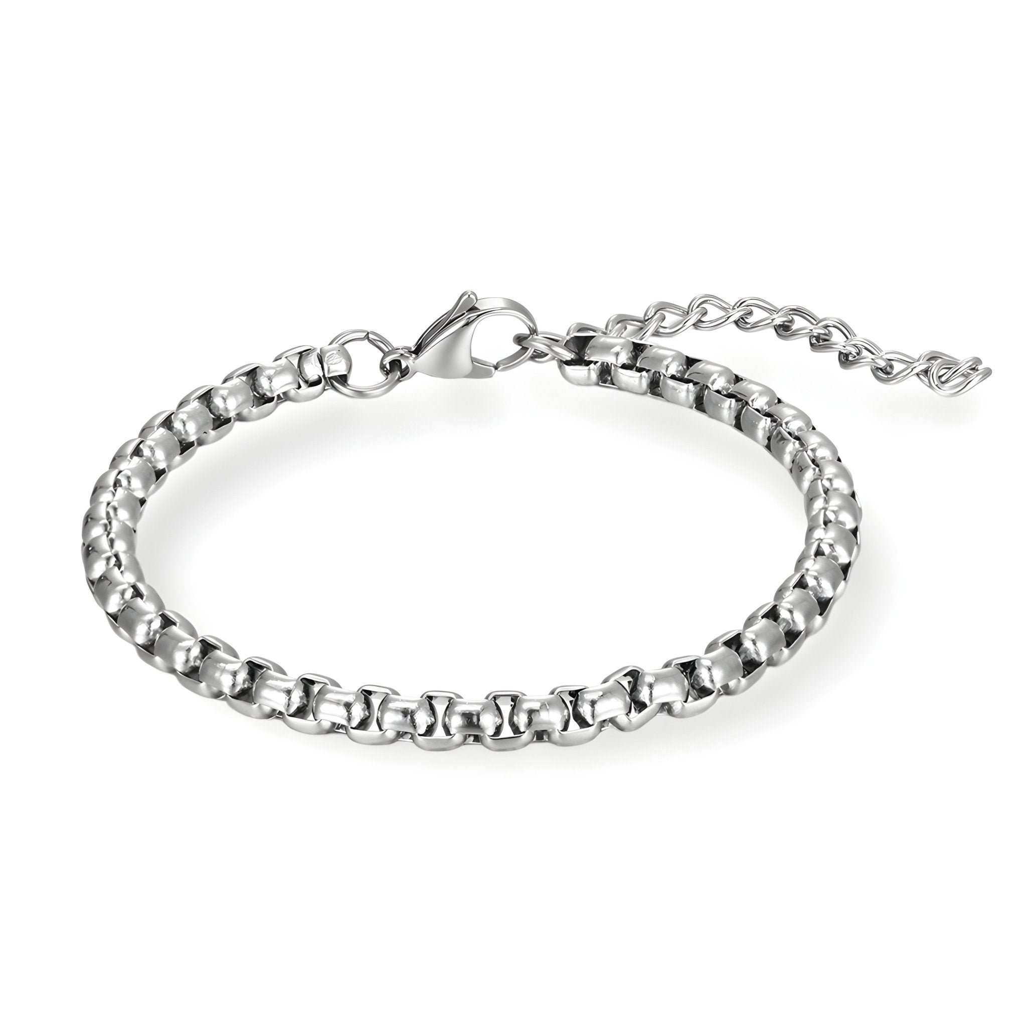 Bracelet homme en titane argenté à maille vénitienne avec fermoir mousqueton et chaînette ajustable.