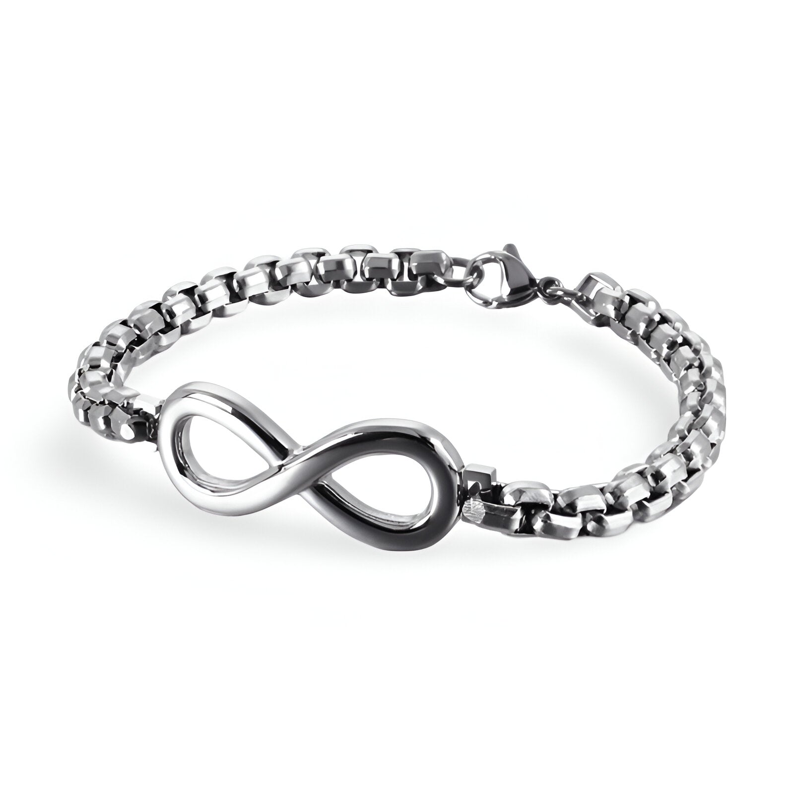 Bracelet homme en titane argenté avec motif infini lisse et chaîne à maillons robustes.