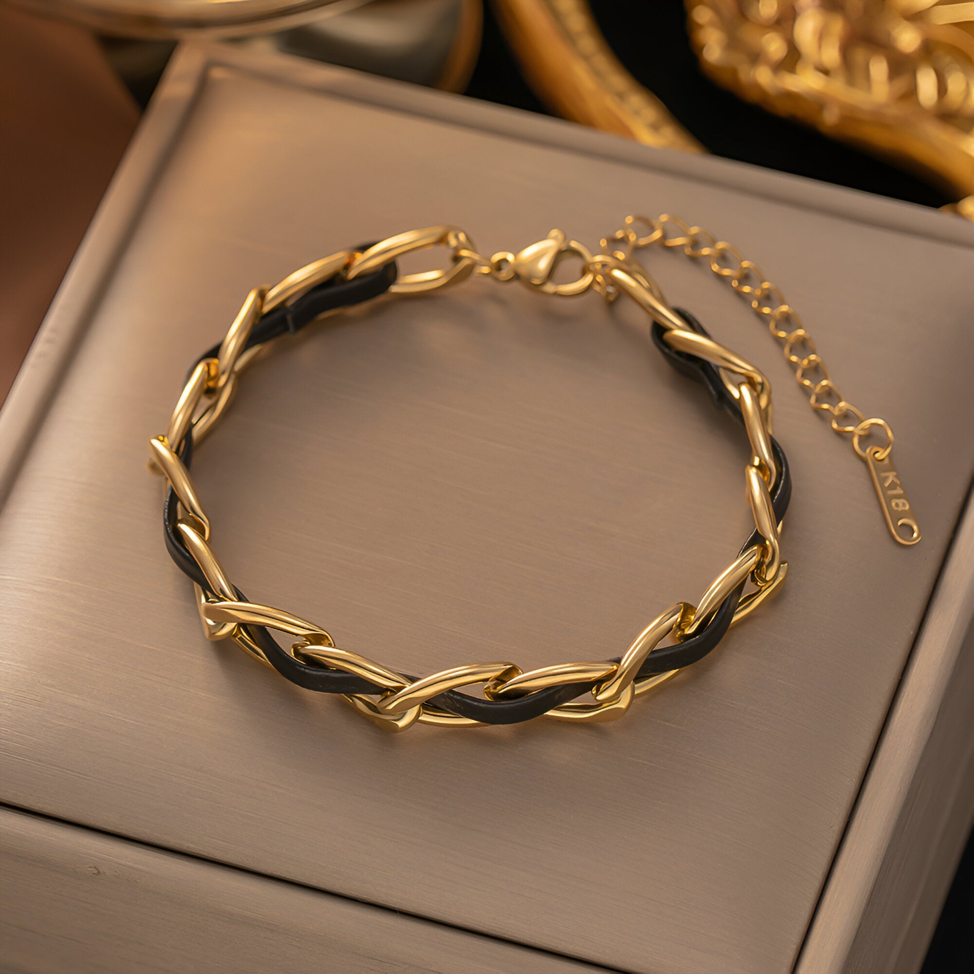 Bracelet en titane plaqué or avec maillons entrelacés et cordelette en cuir noir élégant.