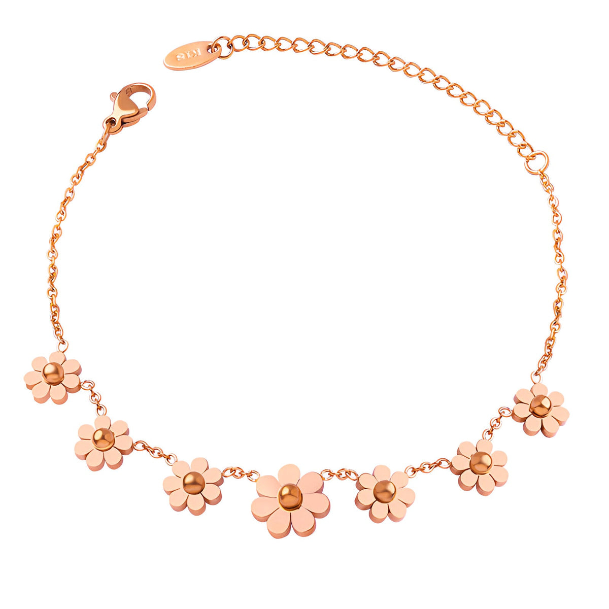 Bracelet en titane plaqué or rosé 18 carats avec pendentifs fleurs délicates et chaîne fine réglable.