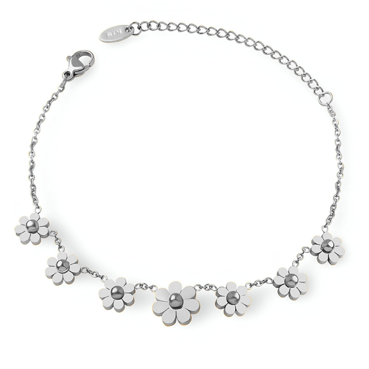 Bracelet en argent avec fleurs délicates sur chaine fine et fermoir mousqueton.