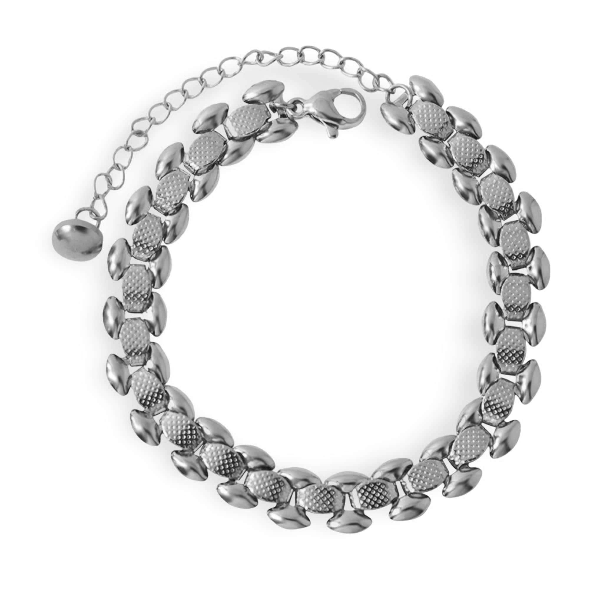 Bracelet en titane argenté à maille épaisse avec fermoir et chaîne réglable.