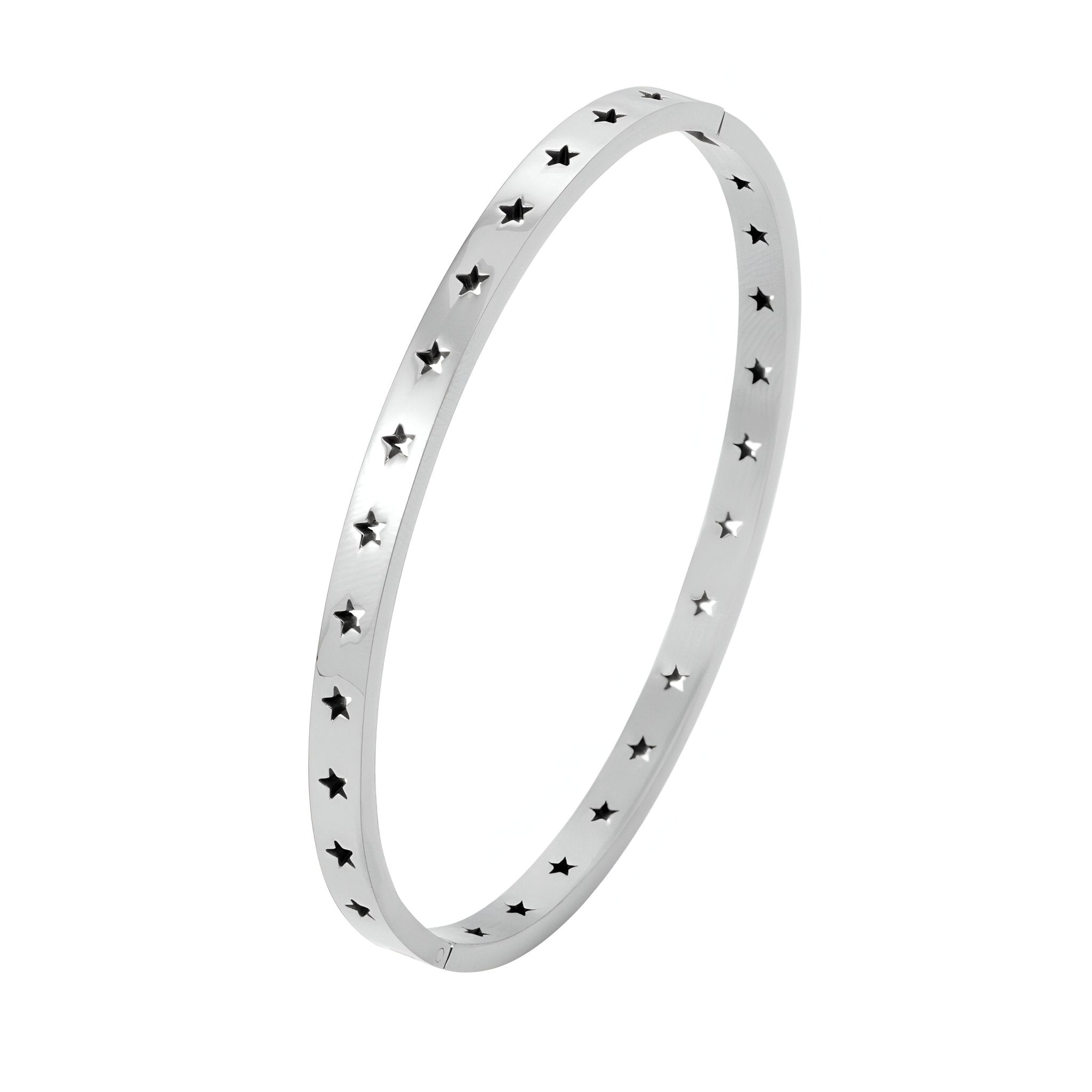 Bracelet fin en titane argenté avec motif d'étoiles creuses tout autour, modèle élégant Julie.