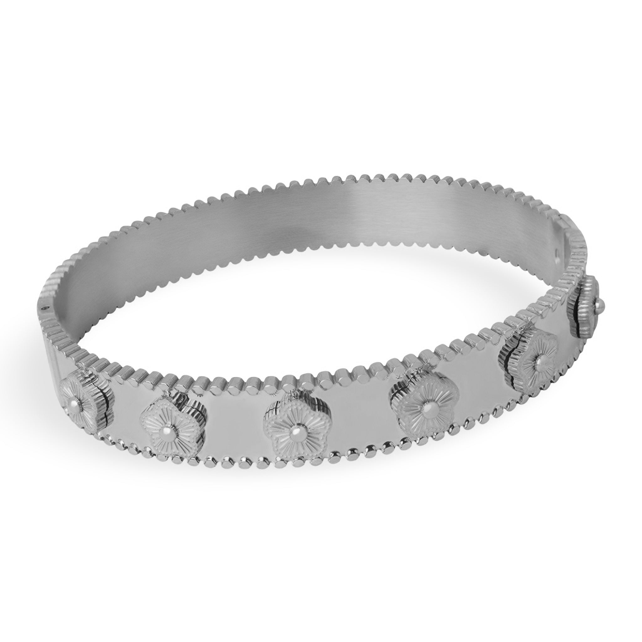 Bracelet jonc argenté en titane plaqué, motifs fleurs en relief, bordure perlée.