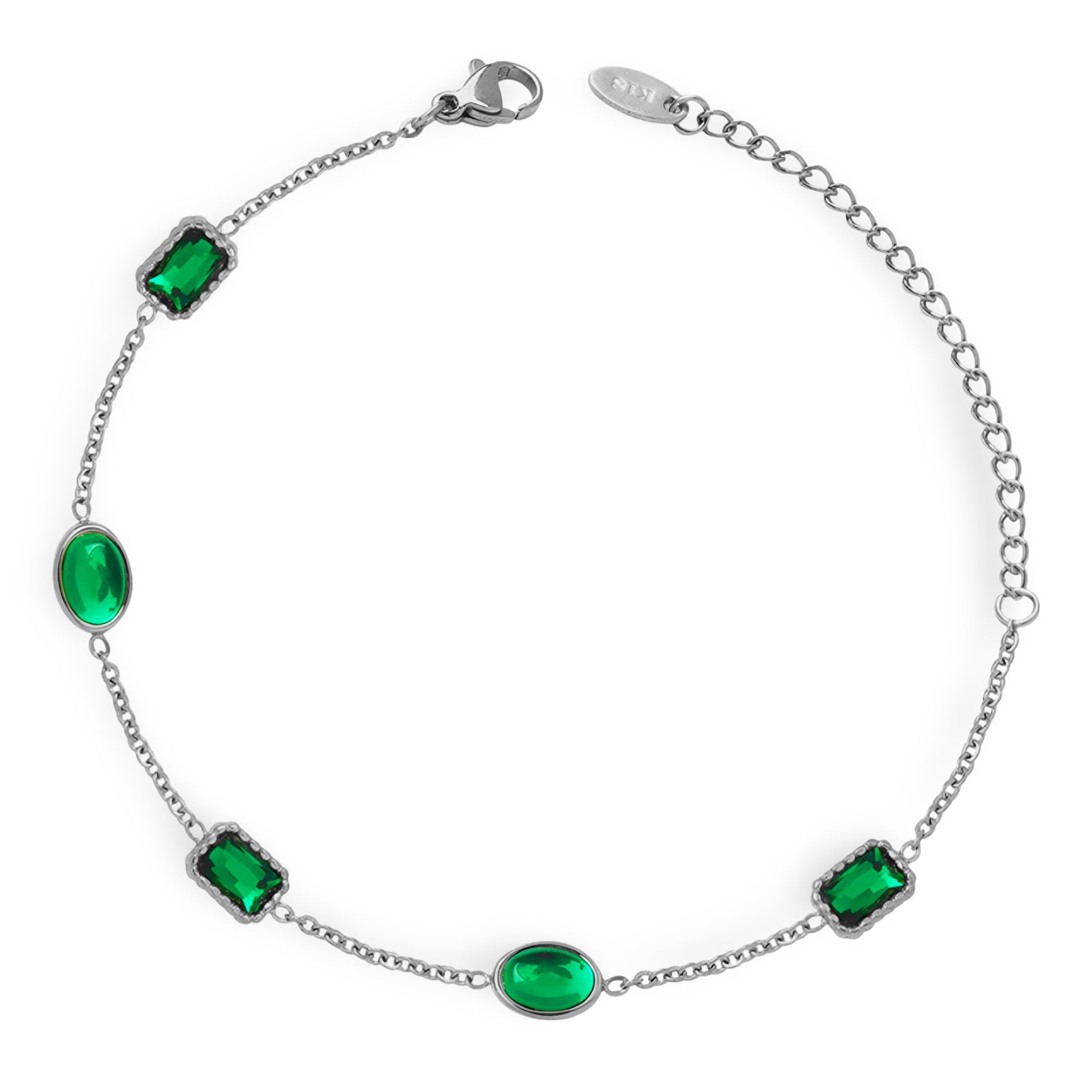 Bracelet fin en titane plaqué or avec chaînes délicates et pierres zircons imitation émeraude carrées et ovales.