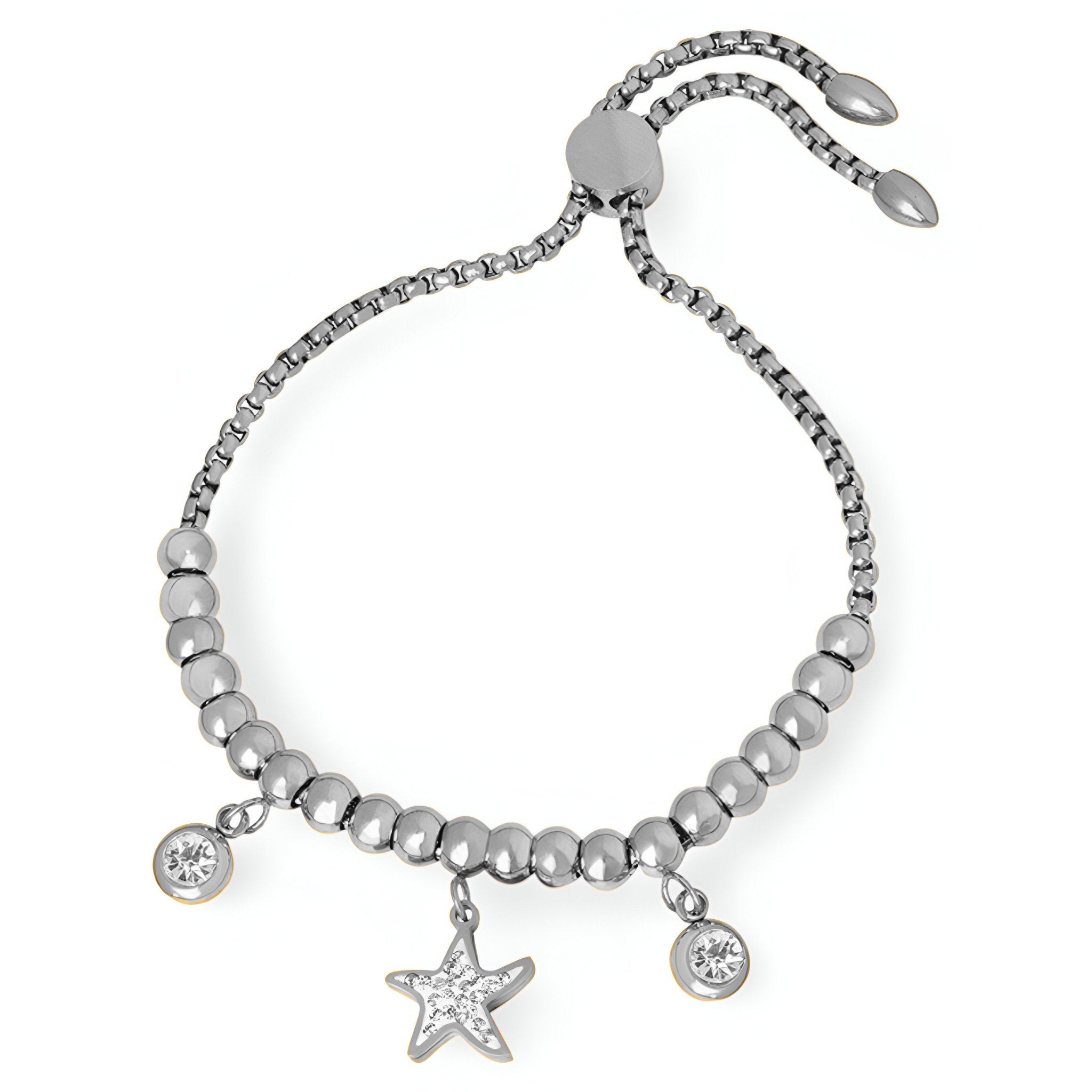 Bracelet ajustable en titane argenté avec perles rondes et médaillons, étoile centrale ornée de cristaux.