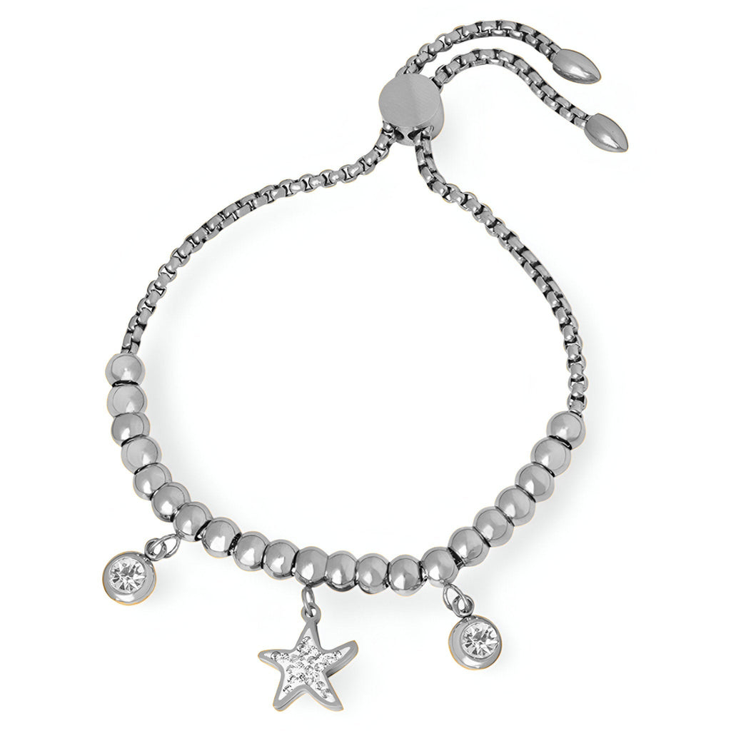 Bracelet ajustable en titane argenté avec perles rondes et médaillons, étoile centrale ornée de cristaux.