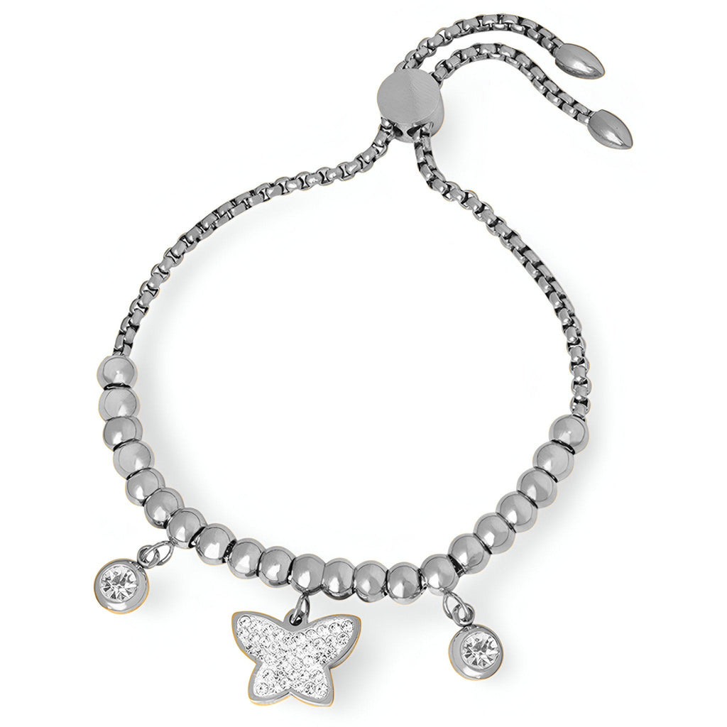 Bracelet en argent ajustable avec perles, médaillon papillon orné de strass et deux breloques circulaires brillantes.