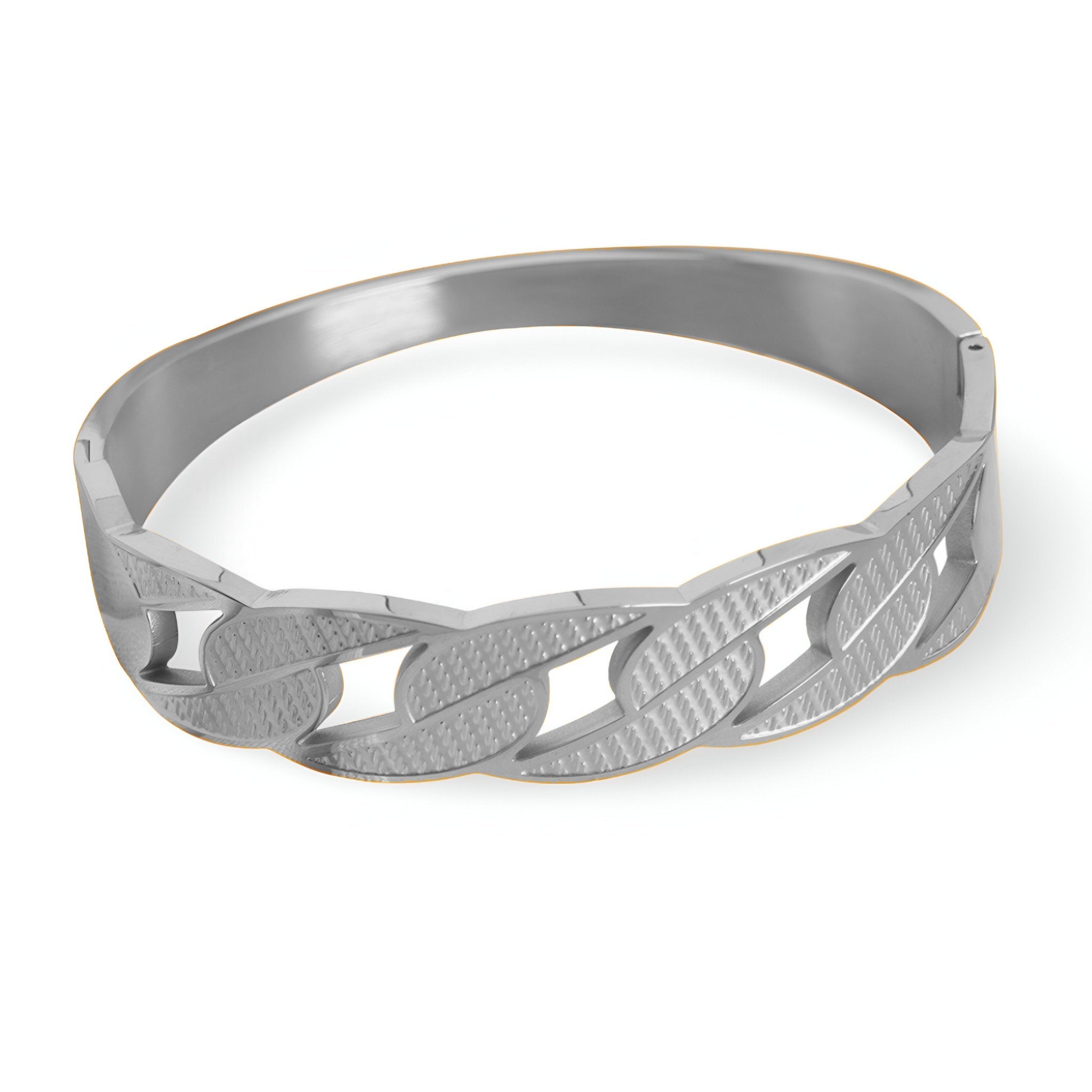 Bracelet jonc en titane argenté avec maillons larges texturés, modèle Adèle.