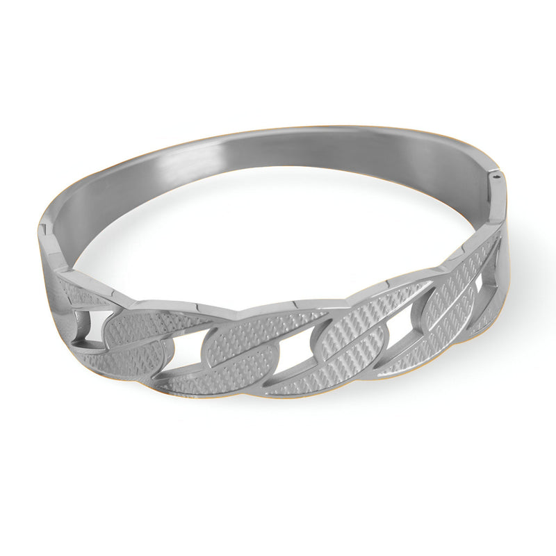 Bracelet jonc en titane argenté avec maillons larges texturés, modèle Adèle.