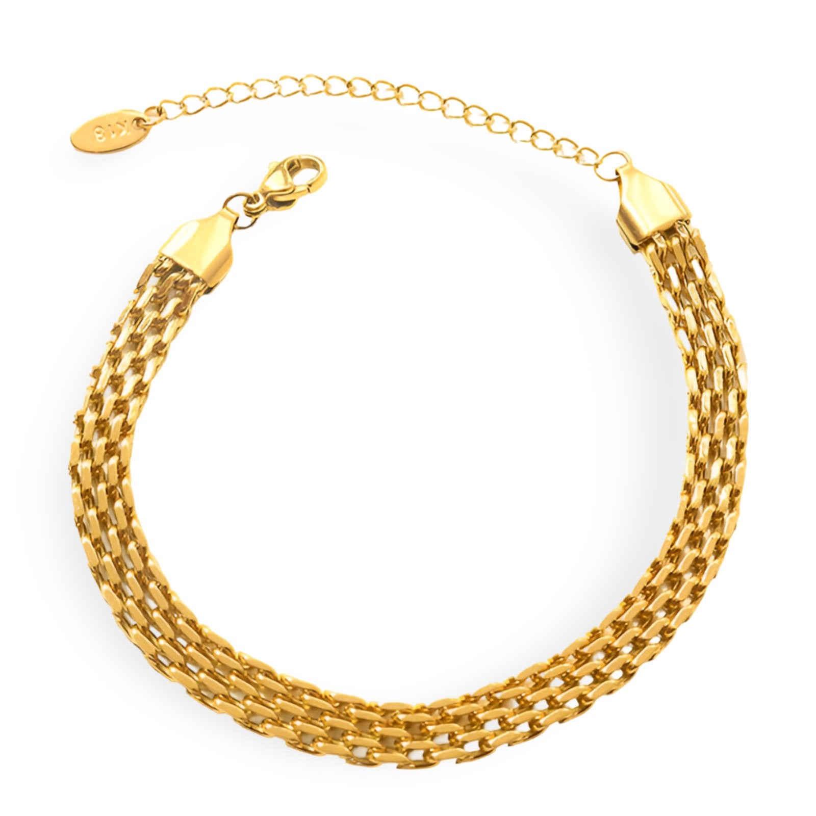 Bracelet en titane plaqué or tressé, style montre avec chaîne de réglage fine et fermoir mousqueton.