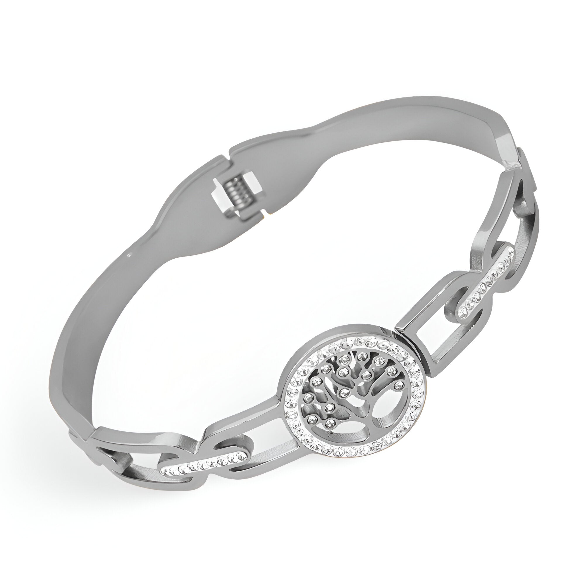 Bracelet en titane argenté avec pendentif arbre de vie rond et maillons élégants.
