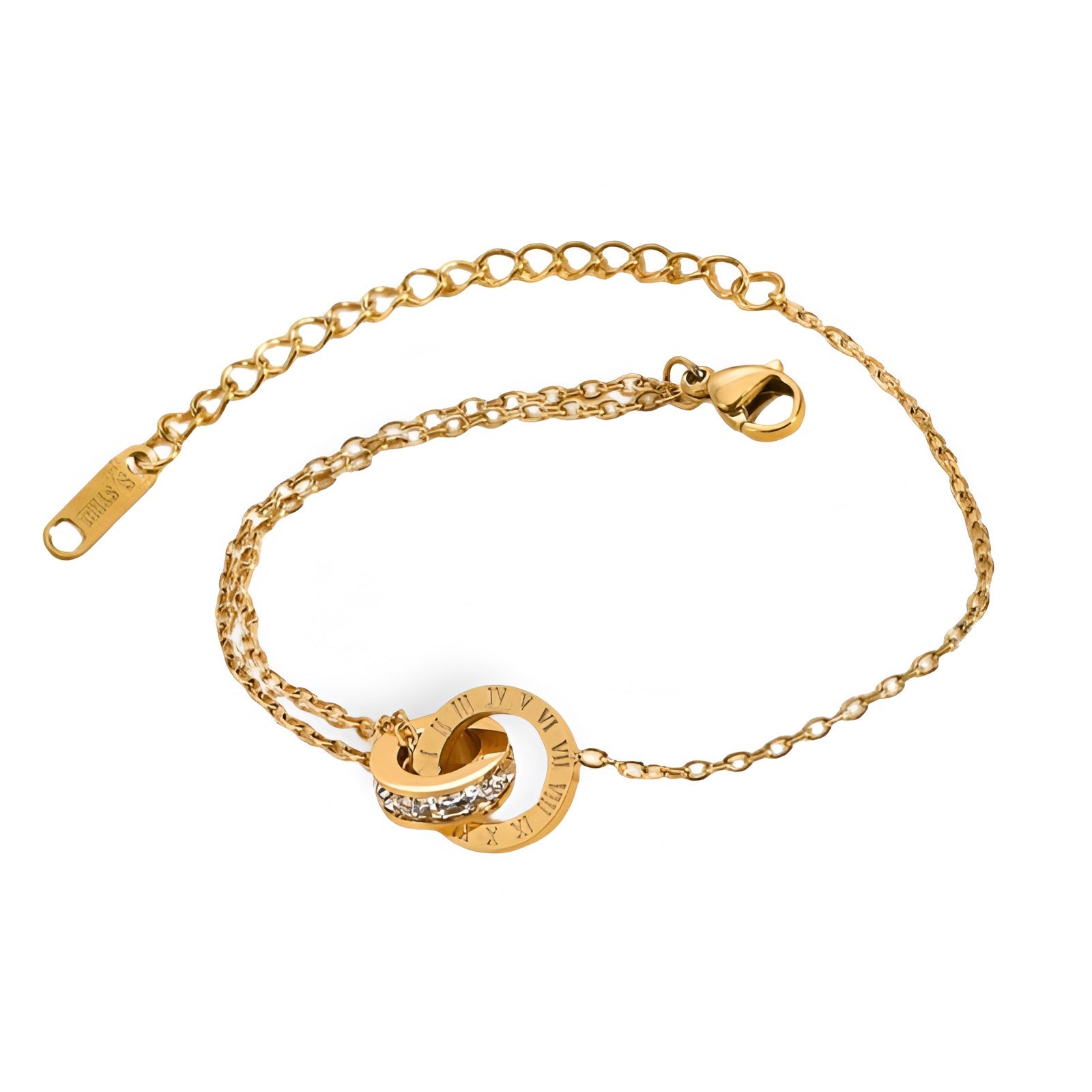 Bracelet fin en titane or avec deux cercles entrelacés gravés de chiffres romains et fermoir mousqueton.
