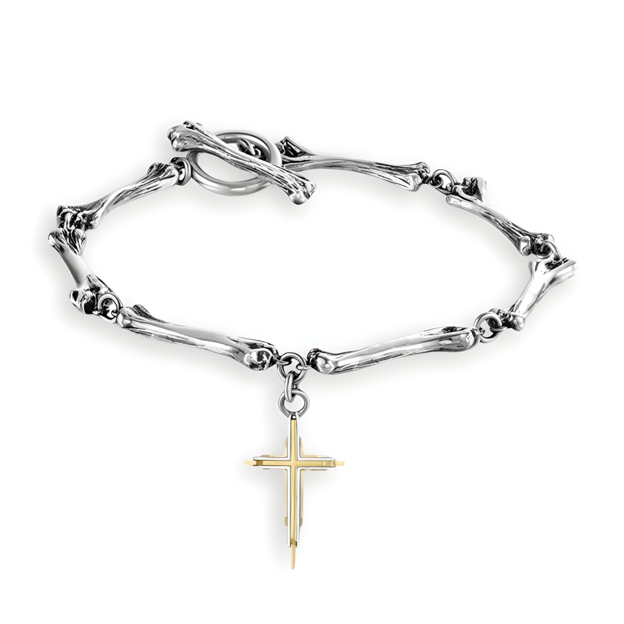 Bracelet en titane argenté style ossement avec croix chrétienne dorée suspendue, fermoir à boucle />.