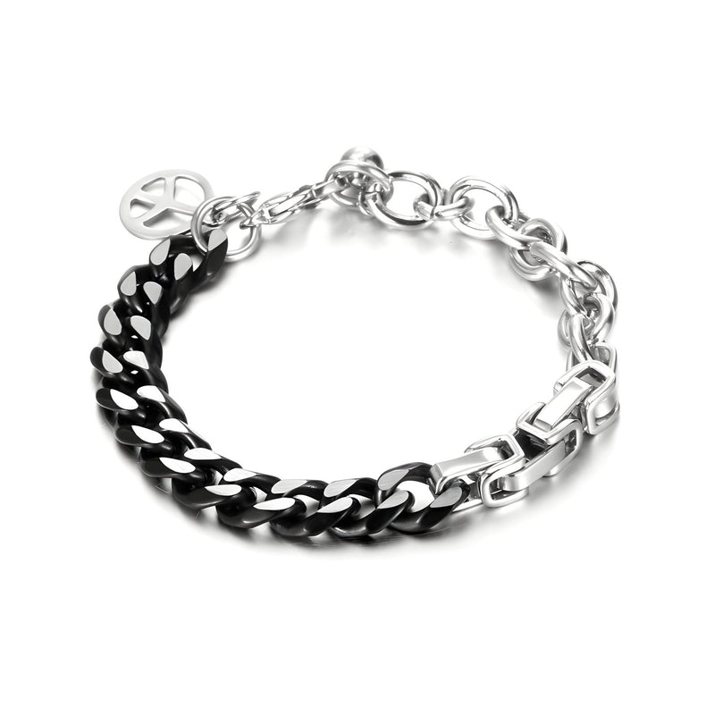 Bracelet homme en titane noir et argent, triple maille avec pendentif symbole paix et amour.