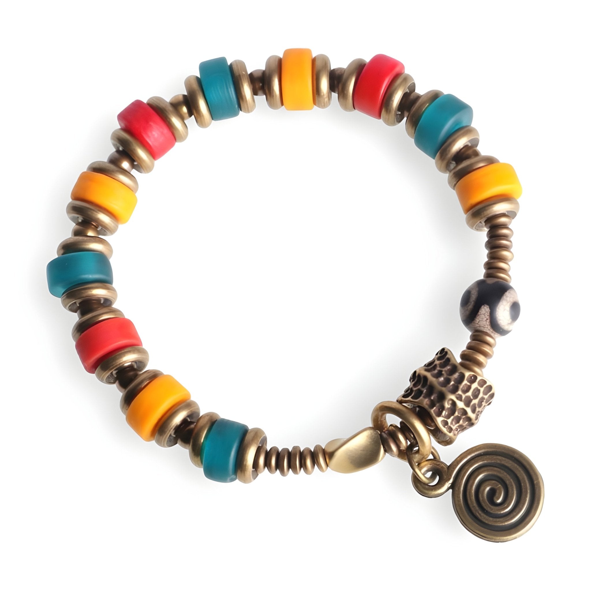 Bracelet femme en cuivre avec perles en verre multicolores rouge, jaune, bleu et charme spirale.