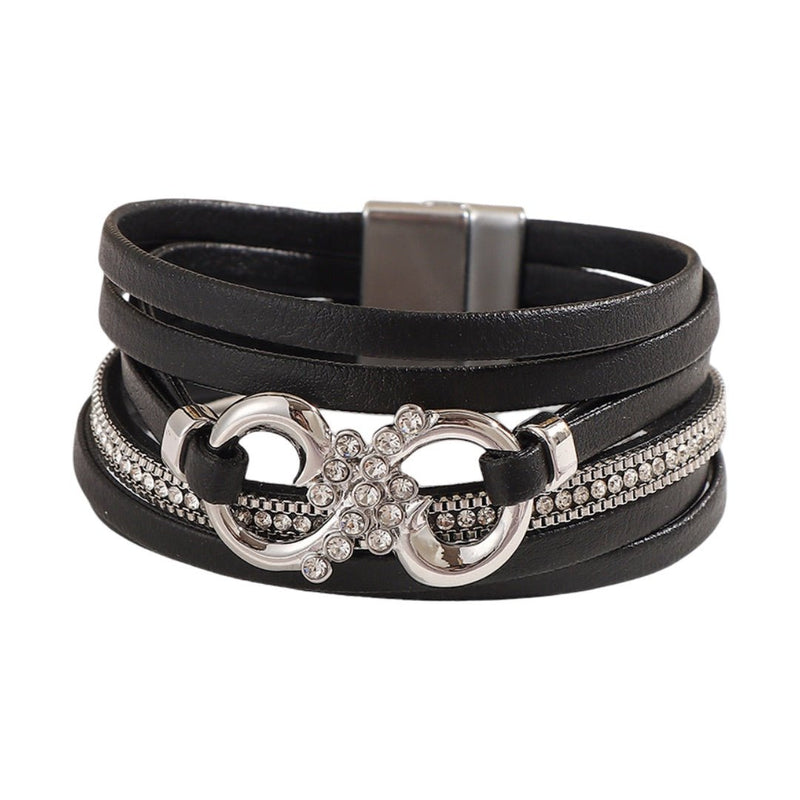 Bracelet multi-rangs noir en simili vegan avec strass, motif infini argenté et fermoir magnétique élégante.