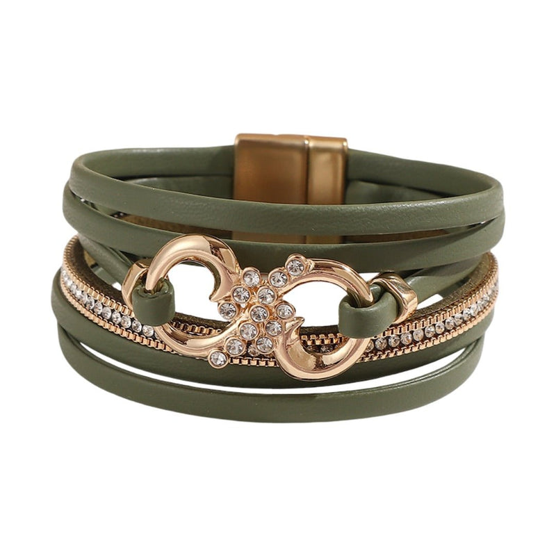 Bracelet femme multi-rangs vert olive simili cuir avec motif infini doré et strass, fermoir magnétique doré élégant.