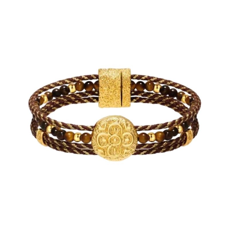 Women's Multi-Strand Braided Nylon Bracelet, Natural Tiger's Eye Stone, Gold Clover Medallion, Magnetic Clasp, Estigra Model