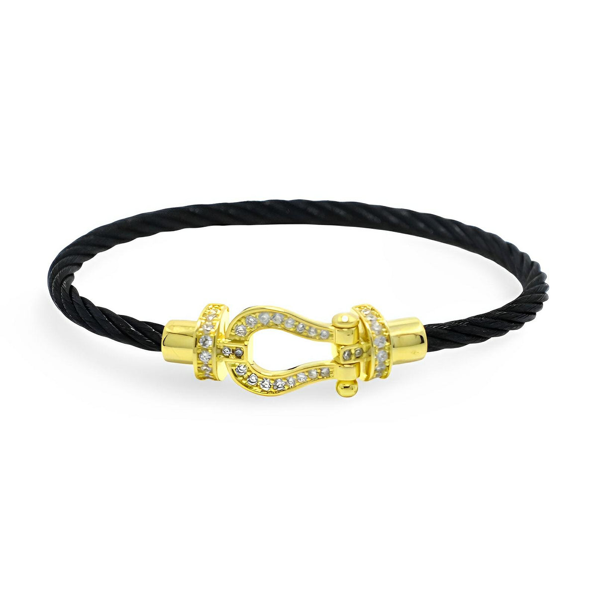 Bracelet femme cordon noir titane fermoir fer à cheval or doré et strass blancs.