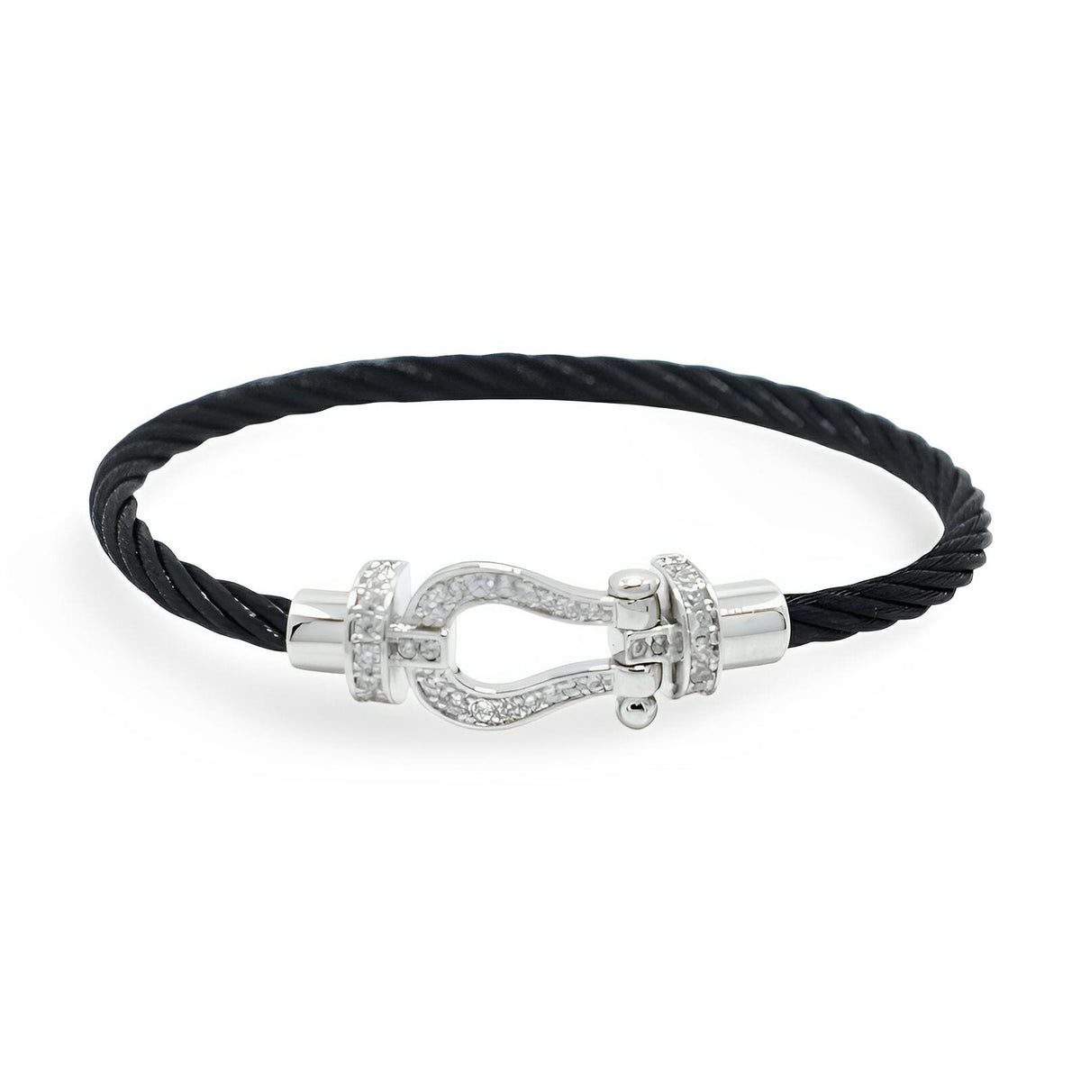 Bracelet pour femme cordon noir en titane avec fermoir fer à cheval argent orné de strass.