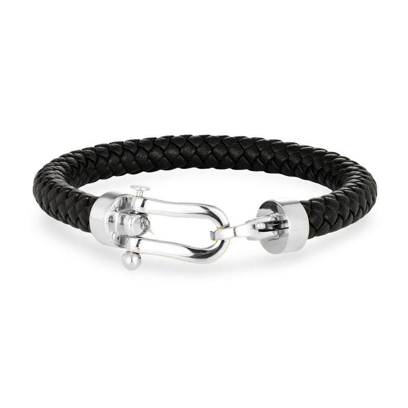 Bracelet homme en cuir noir tressé avec fermoir en acier inoxydable argenté forme fer à cheval.