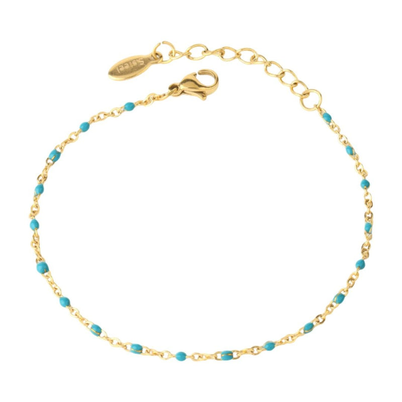 Bracelet fin doré en acier inoxydable avec maille forçat, perles turquoise, fermoir mousqueton réglable.