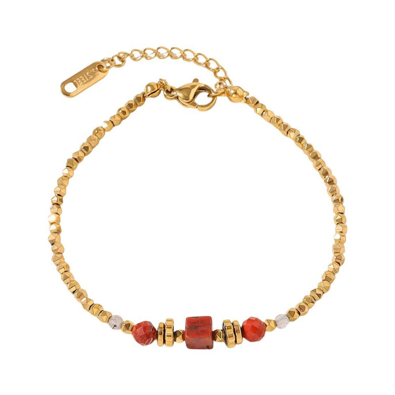 Pulsera fina para mujer de acero inoxidable, adornada con perlas doradas, realzada con jaspe rojo y decorada con cristales brillantes, ideal para un estilo elegante, modelo Valène