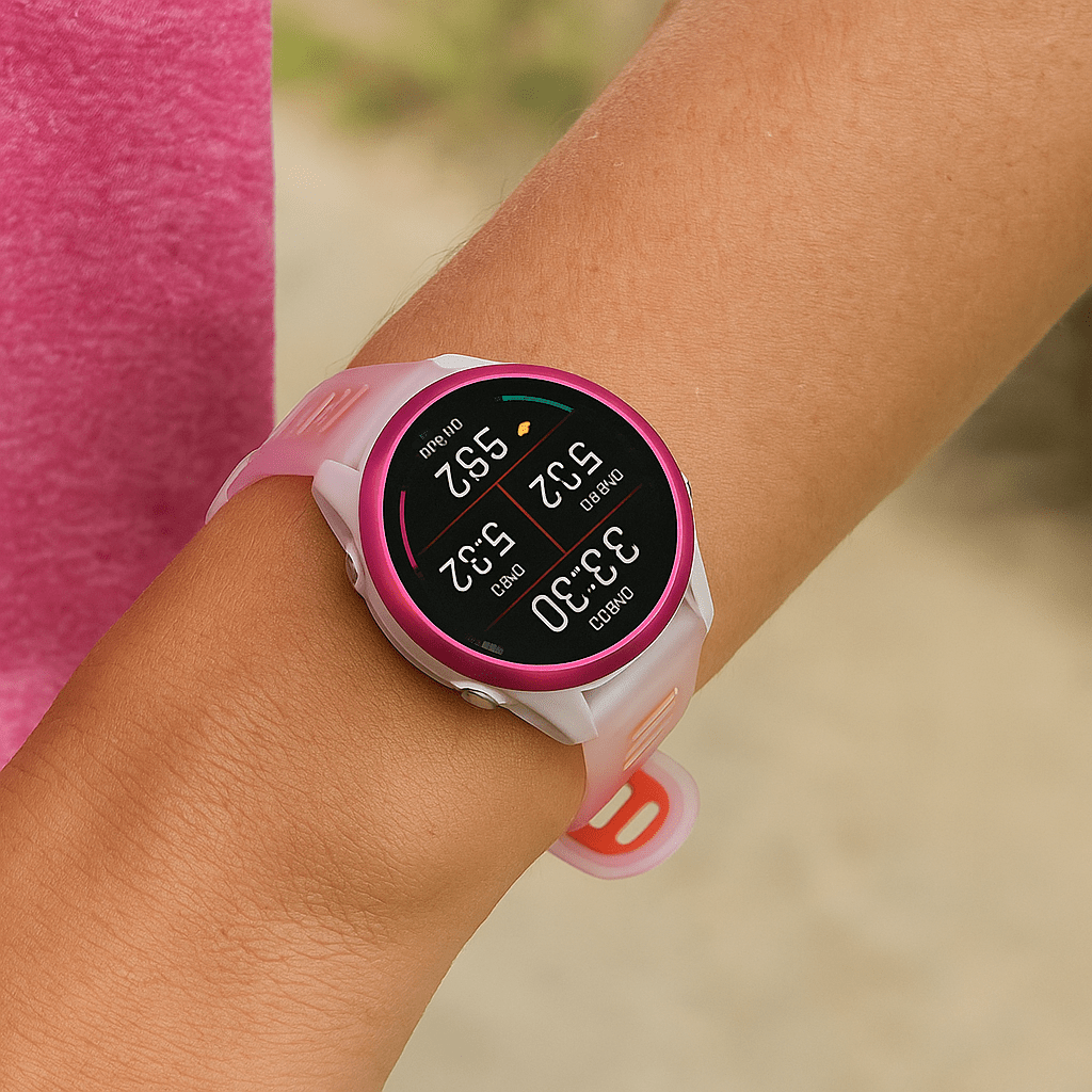 Bracelet montre silicone rose clair avec design aéré et boucle ajustable, style sportif léger.