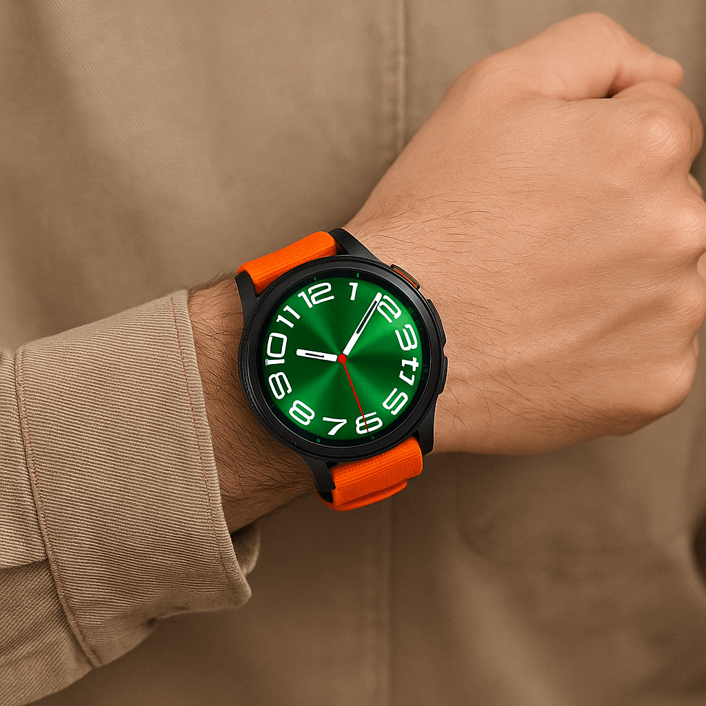 Bracelet de montre Garmin sportif orange en nylon résistant avec boucle noire à attache rapide.