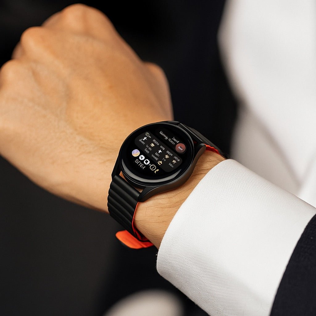 Bracelet silicone bicolore noir et orange avec fermeture magnétique, style moderne, 20mm-22mm, porté sur poignet.