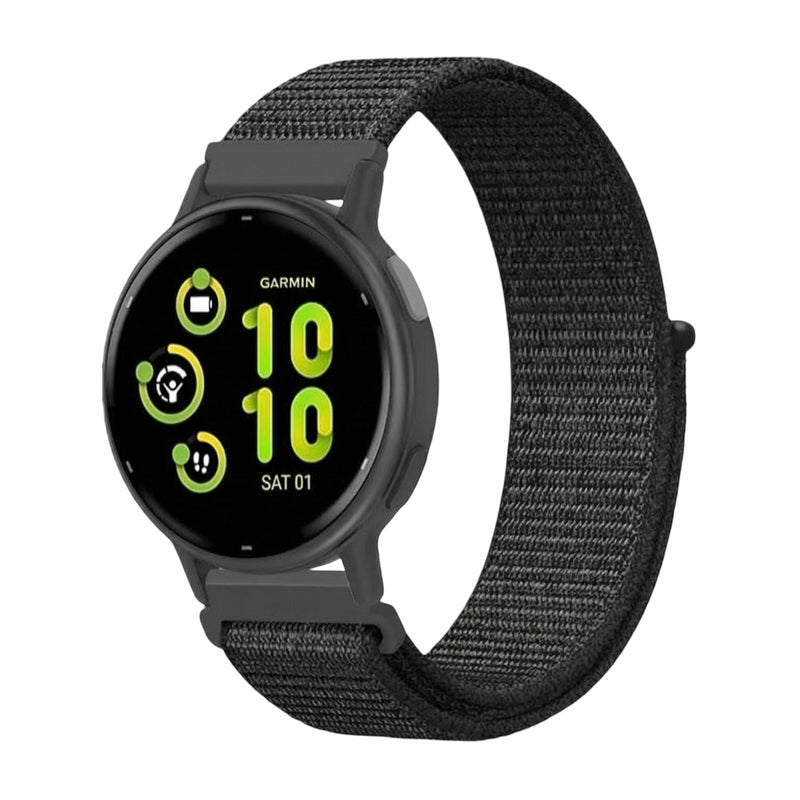 Bracelet noir en nylon tressé avec boucle scratch, compatible montre Garmin, style sport ultraléger.