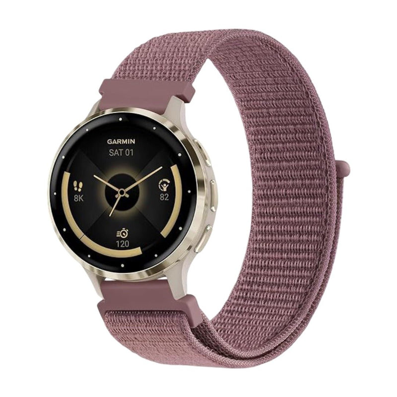 Bracelet nylon violet mauve à boucle scratch pour montre Garmin, style sportif et léger.