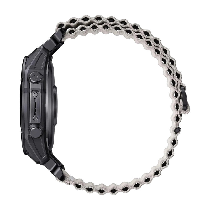 Bracelet en nylon ondulé bicolore beige et noir, attache rapide compatible montre Garmin 20-22mm, style sportif et outdoor.