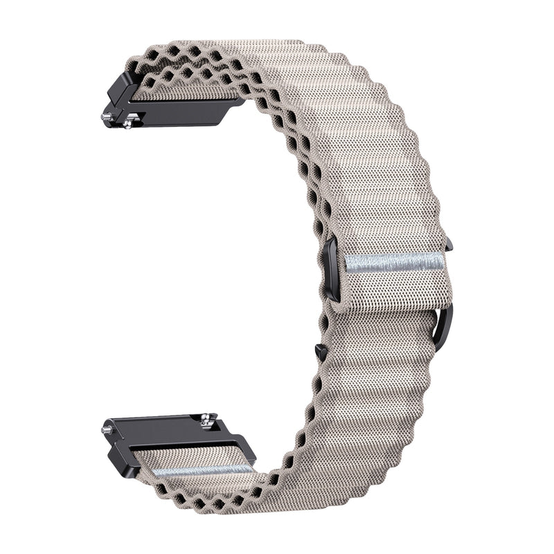 Bracelet de montre en nylon ondulé beige clair avec boucle noire et système de libération rapide compatible 20-22mm.
